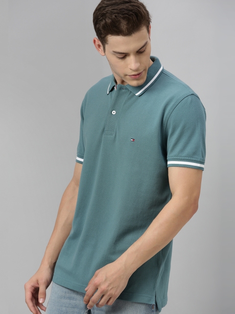 

Tommy Hilfiger Men Turquoise Blue Solid Polo Collar T-shirt