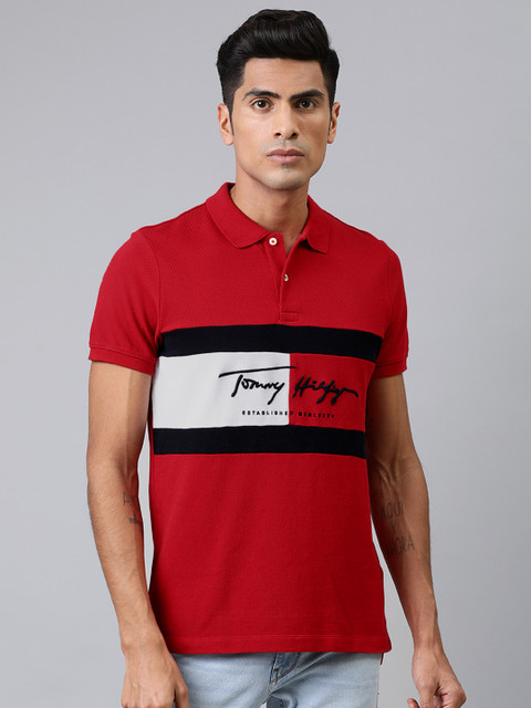 

Tommy Hilfiger Men Red & White Slim Fit Colourblocked Polo Collar T-shirt