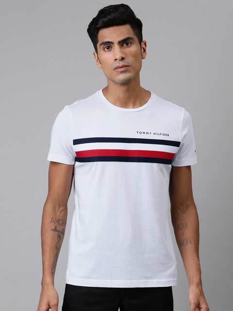 

Tommy Hilfiger Men White & Navy Blue Striped Round Neck T-shirt