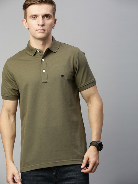 

Tommy Hilfiger Men Olive Green Slim Fit Solid Polo Collar T-shirt