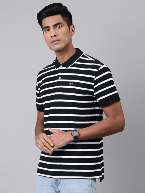 

Tommy Hilfiger Men Black & White Striped Polo Collar T-shirt