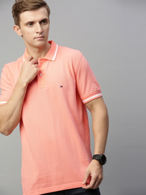 

Tommy Hilfiger Men Coral Pink Solid Polo Collar T-shirt