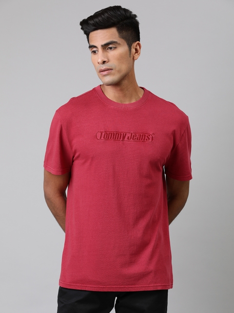 

Tommy Hilfiger Men Pink Solid Round Neck Pure Cotton T-shirt with Embroidery