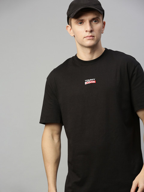

Tommy Hilfiger Men Black Solid Round Neck Pure Cotton T-shirt with Embroidered Detail