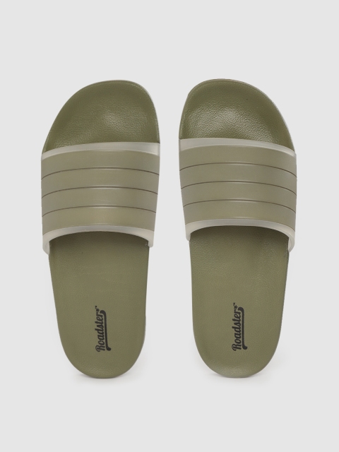 

Roadster Men Olive Green Self-Striped Sliders