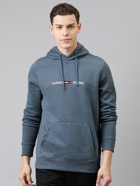 

Tommy Hilfiger Men Blue Solid Hooded Sweatshirt with Embroidered Detail