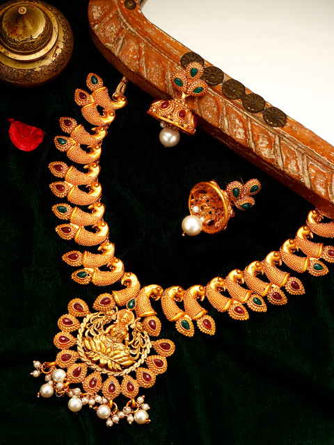 

Rubans 22 K Gold-Plated Red & Green Stone-Studded Beaded Temple Handcrafted Jewellery Set