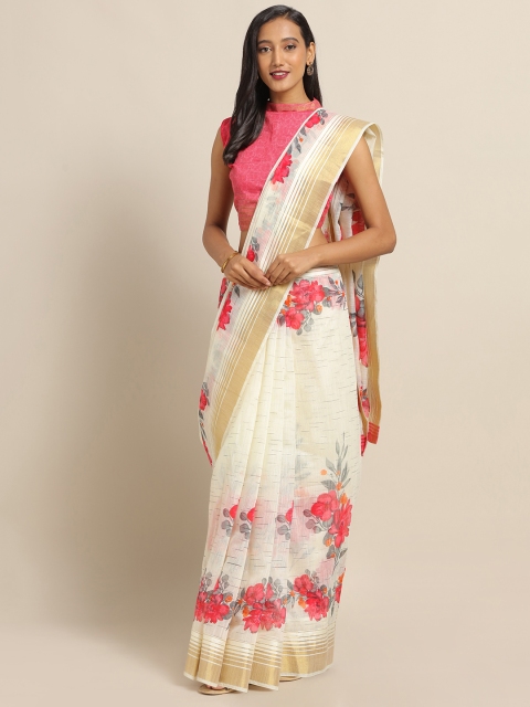 

Saree mall Cream-Coloured & Red Linen Blend Floral Printed Saree