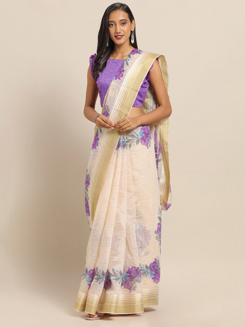 

Saree mall Peach-Coloured & Purple Linen Blend Printed Saree
