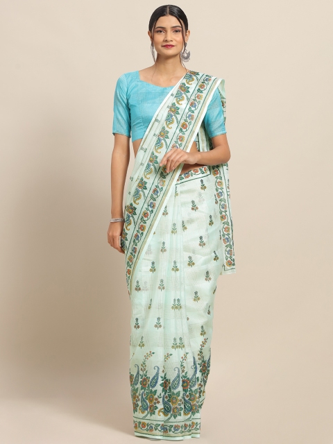 

Saree mall Turquoise Blue Floral Printed Linen Blend Saree