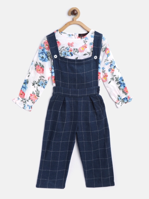 

pspeaches Girls White & Navy Blue Floral Print Top with Dungarees
