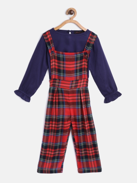 

pspeaches Girls Navy Blue & Red Solid Top with Checked Dungarees