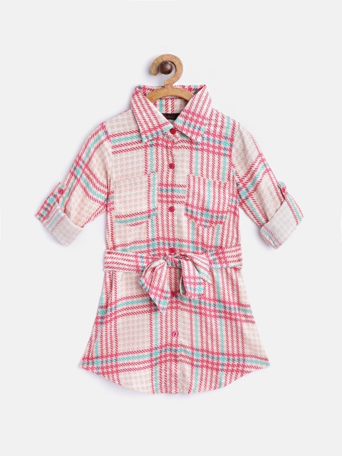 

pspeaches Girls Pink & Sea Green Checked Shirt Dress With Belt
