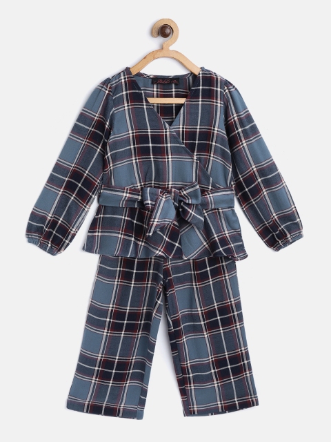 

pspeaches Girls Grey & Navy Blue Checked Top with Trousers