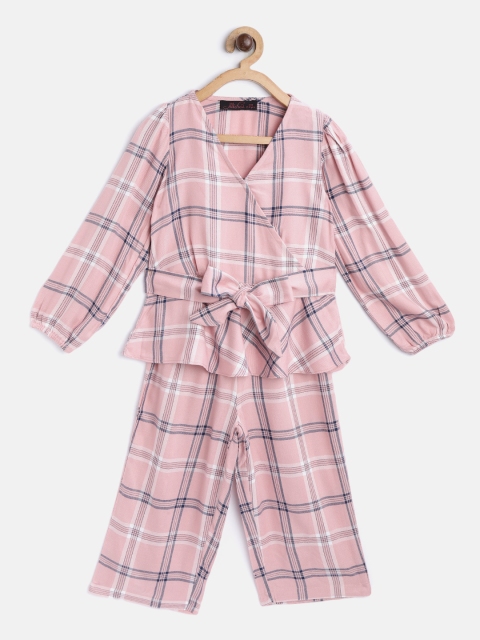 

pspeaches Girls Pink & Navy Blue Checked Top with Trousers