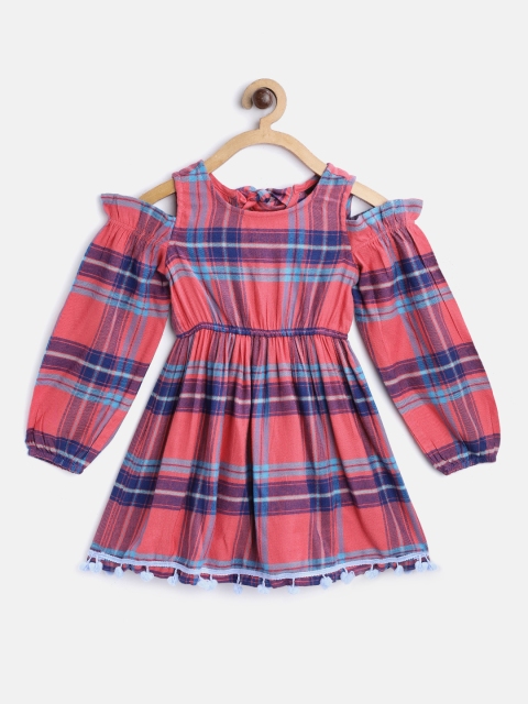 

pspeaches Girls Coral Pink & Blue Checked Fit and Flare Dress