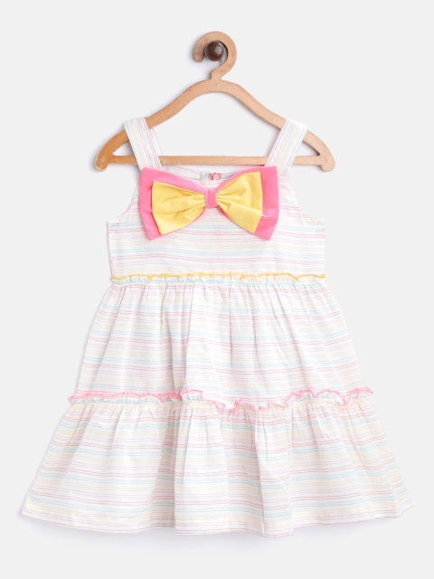 

pspeaches Girls Off-White & Green Striped Tiered A-Line Dress