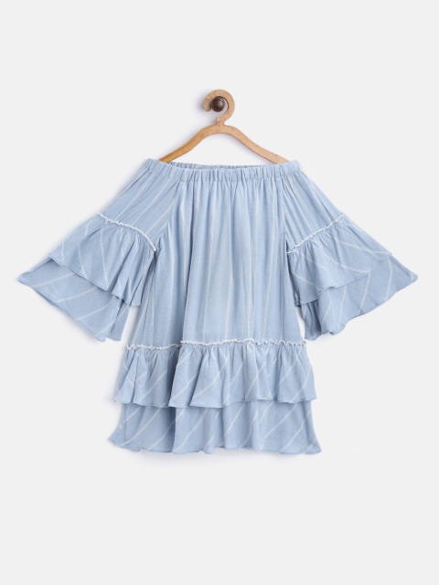 

pspeaches Girls Blue & White Striped Off-Shoulder A-Line Dress