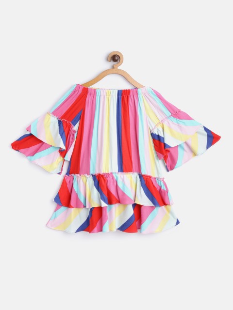 

pspeaches Girls Multicoloured Candy Striped Off-Shoulder A-Line Dress, Multi