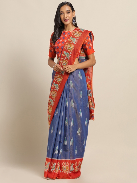 

Saree mall Blue & Orange Cotton Blend Printed Ikat Saree