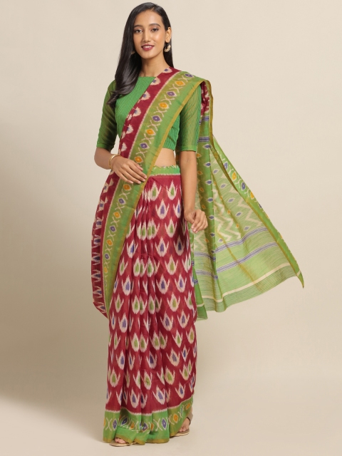 

Saree mall Red & Green Cotton Blend Printed Ikat Saree