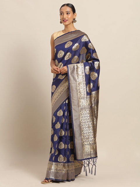 

Saree mall Navy Blue & Gold-Toned Silk Blend Printed Banarasi Saree