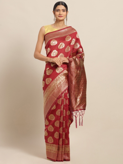 

Saree mall Maroon & Gold-Toned Silk Blend Woven Design Banarasi Saree