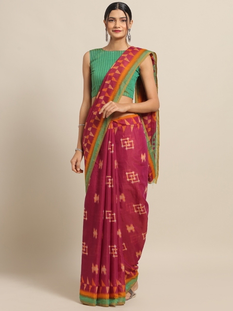 

Saree mall Magenta & Green Cotton Blend Printed Ikat Saree