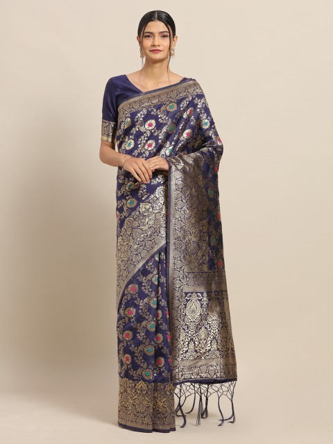 

Saree mall Navy Blue & Gold-Toned Silk Blend Woven Design Banarasi Saree