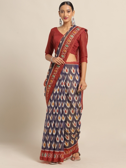 

Saree mall Navy Blue & Rust Red Cotton Blend Printed Ikat Saree