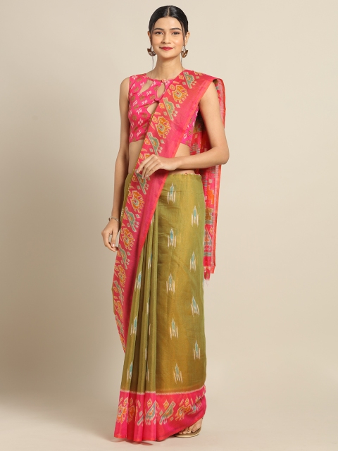 

Saree mall Olive Green & Pink Cotton Blend Printed Ikat Saree