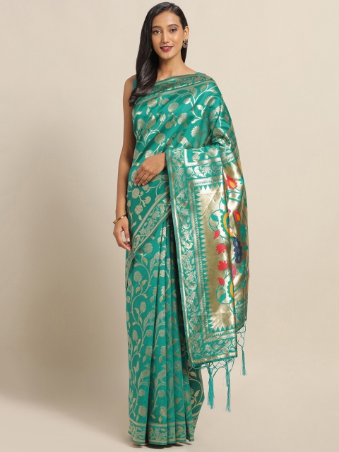 

Saree mall Teal Green & Gold-Toned Silk Blend Woven Design Banarasi Saree