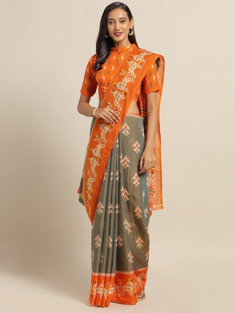 

Saree mall Olive Green & Orange Cotton Blend Printed Ikat Saree