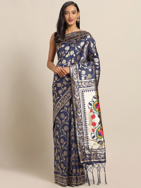 

Saree mall Navy Blue & Gold-Coloured Silk Blend Woven Design Banarasi Saree