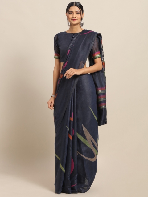 

Saree mall Navy Blue & Green Linen Blend Woven Design Saree