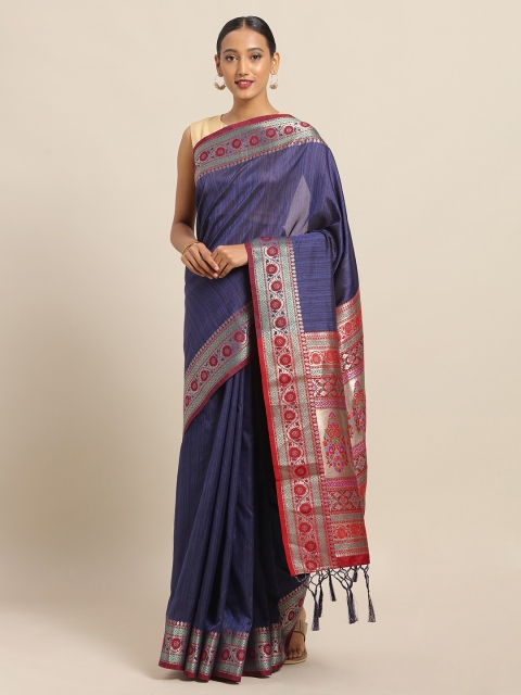 

Saree mall Navy Blue & Red Silk Blend Woven Design Banarasi Saree