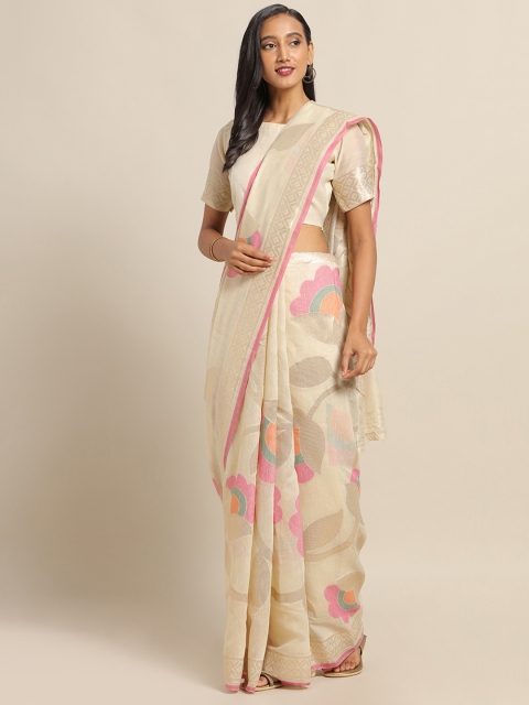 

Saree mall Cream-Coloured & Pink Linen Blend Woven Design Saree
