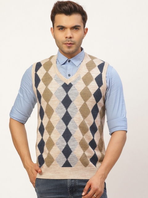 

Pierre Carlo Men Beige & Navy Blue Argyle Self Design Sweater Vest