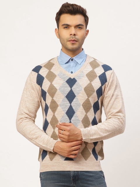 

Pierre Carlo Men Beige & Navy Blue Argyle Self Design Pullover