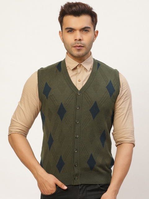 

Pierre Carlo Men Olive Green & Navy Blue Argyle Self Design Cardigan