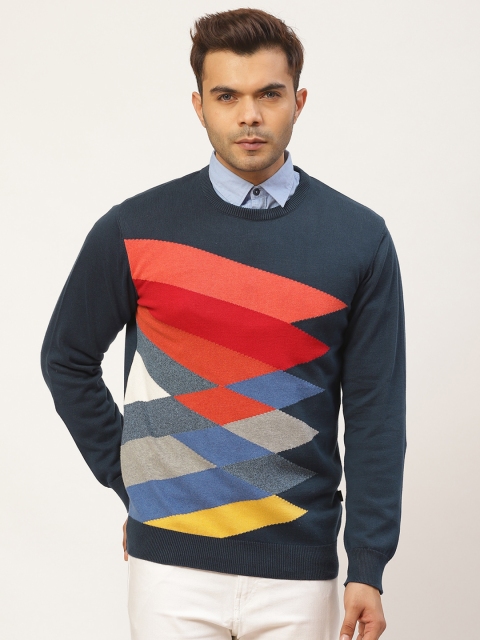

Pierre Carlo Men Navy Blue & Orange Self Design Pullover Sweater