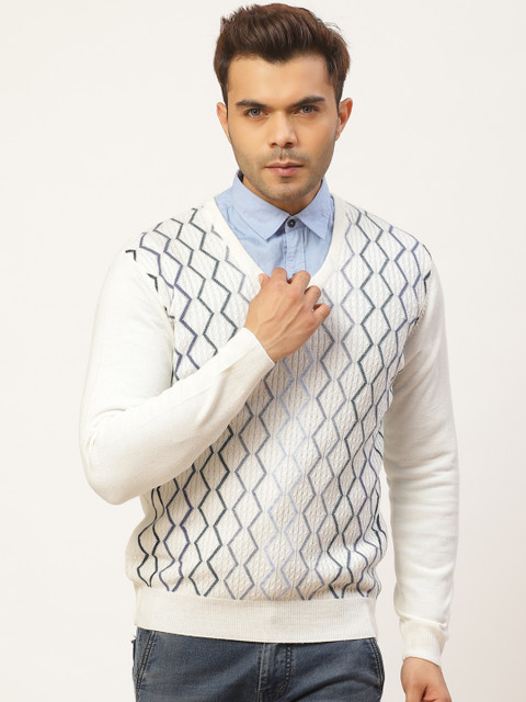 

Pierre Carlo Men Off-White & Blue Chevron Self Design Pullover Sweater