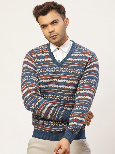 

Pierre Carlo Men Navy Blue & Off White Fair Isle Self Design Pullover Sweater