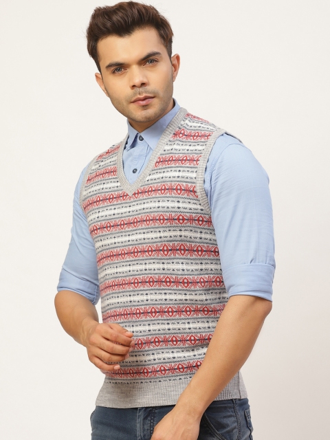 

Pierre Carlo Men Grey Melange & Red Fair Isle Self Design Sweater Vest
