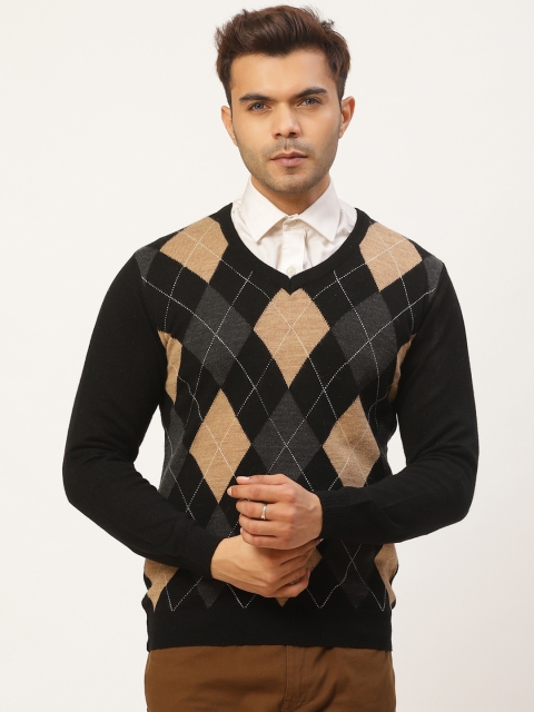 

Pierre Carlo Men Black & Beige Argyle Self Design Pullover Sweater