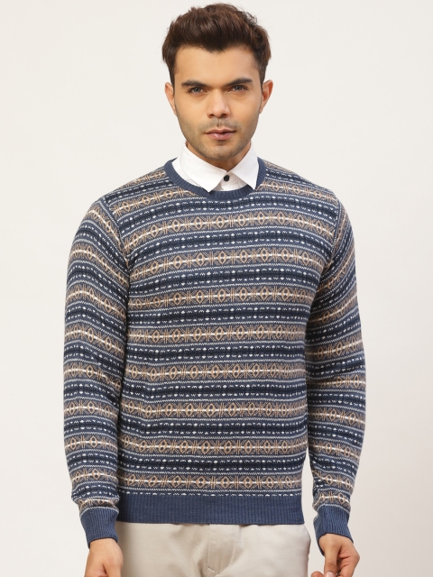 

Pierre Carlo Men Navy Blue & Beige Self Design Pullover