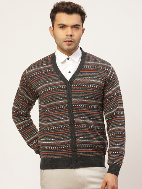 

Pierre Carlo Men Charcoal Grey & Rust Orange Fair Isle Self Design Cardigan