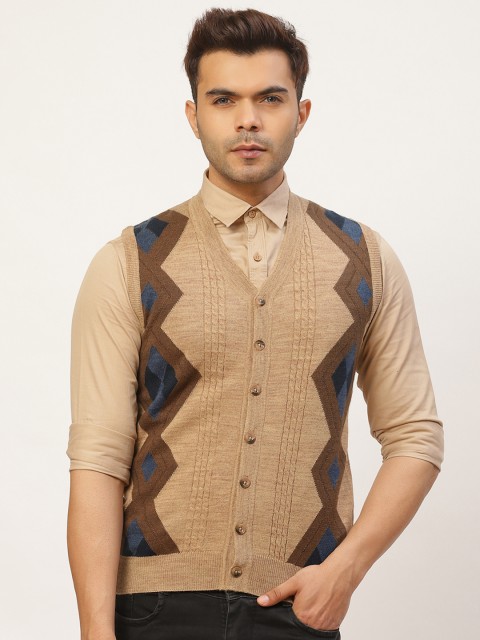 

Pierre Carlo Men Beige & Brown Self Design Cardigan