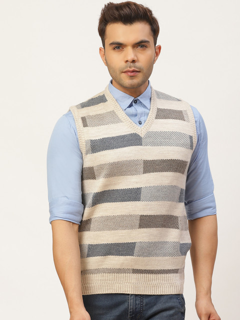 

Pierre Carlo Men Cream-Coloured & Navy Blue Striped Sweater Vest