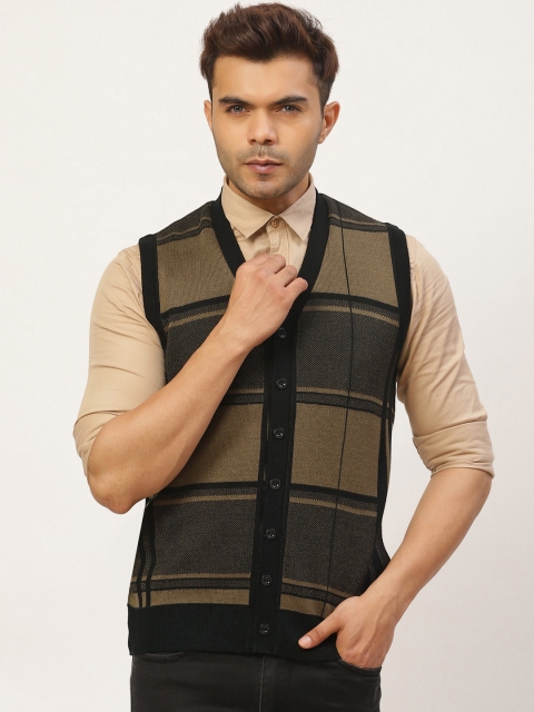 

Pierre Carlo Men Olive Green & Black Checked Cardigan